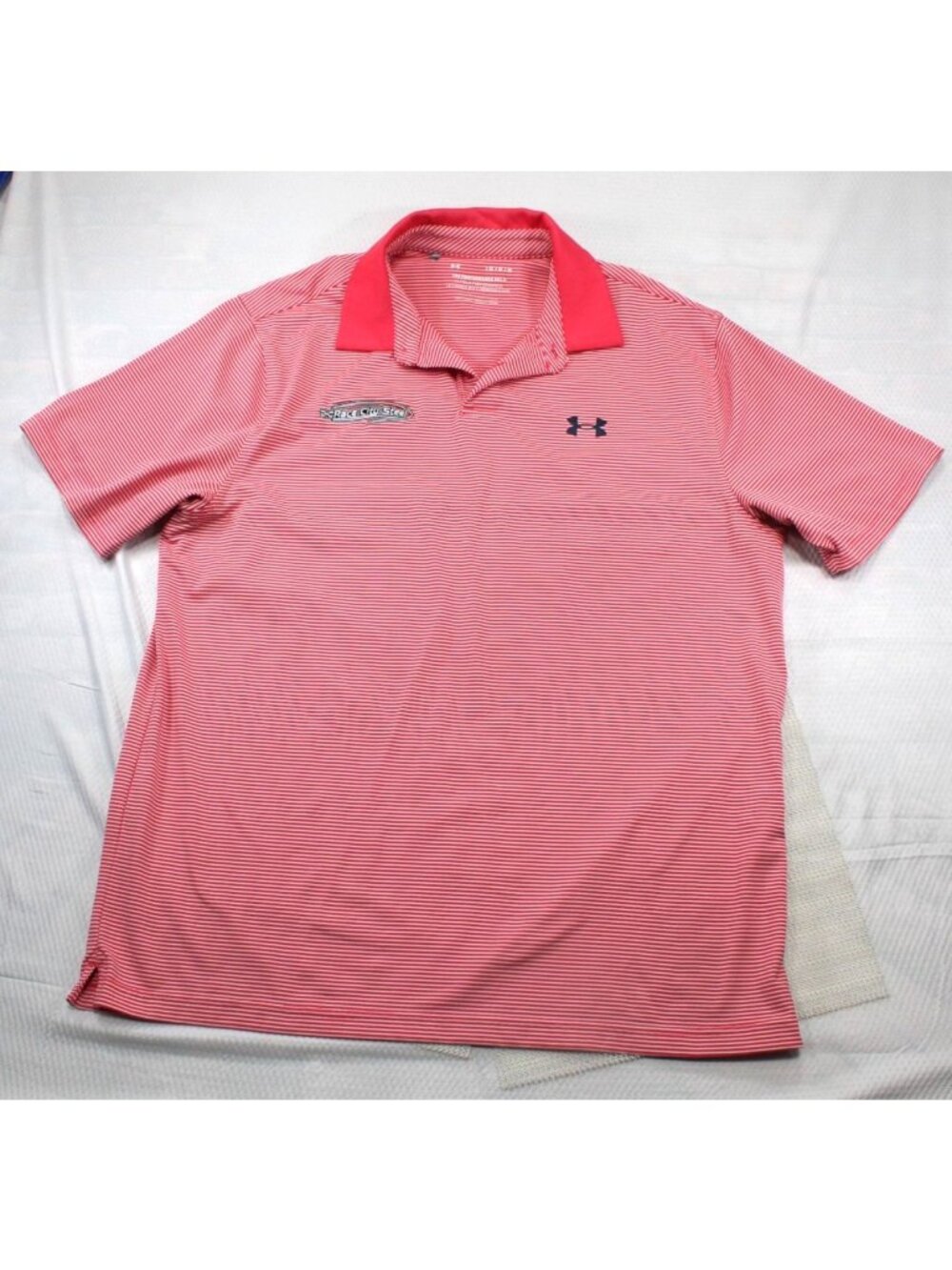 Under Armour Race City Steel Large Red & White Striped Performance Polo Shirt Me
